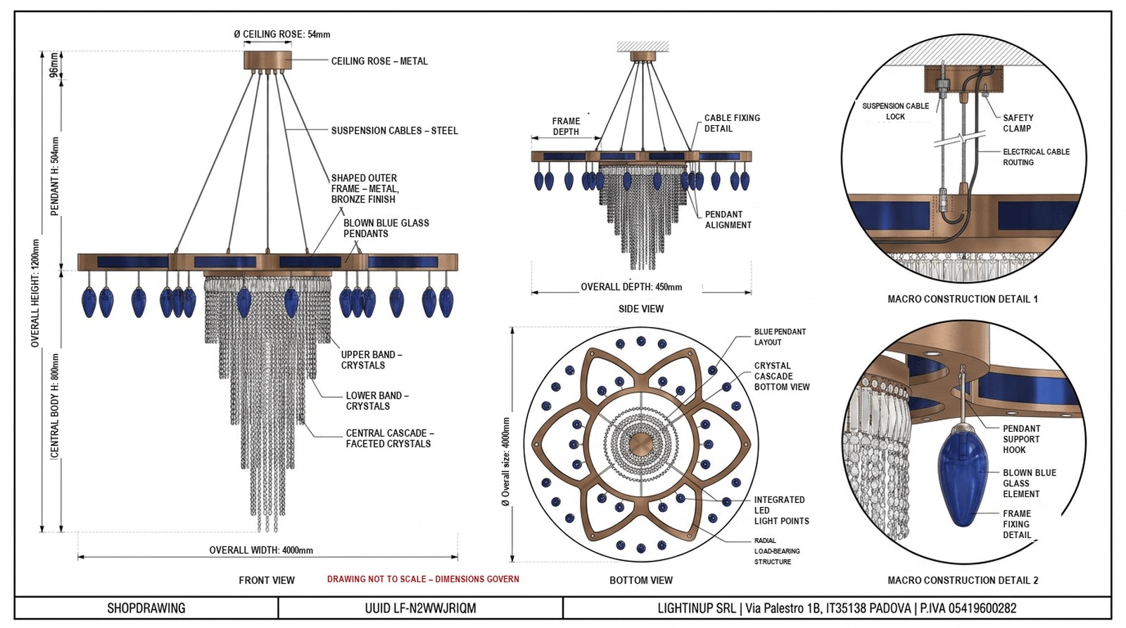 Dimensioned shopdrawing of the same chandelier: front, side and bottom views plus two construction details — 4000 mm across, 1200 mm high, 450 mm deep Dimensioned shopdrawing of the same chandelier: front, side and bottom views plus two construction details — 4000 mm across, 1200 mm high, 450 mm deep