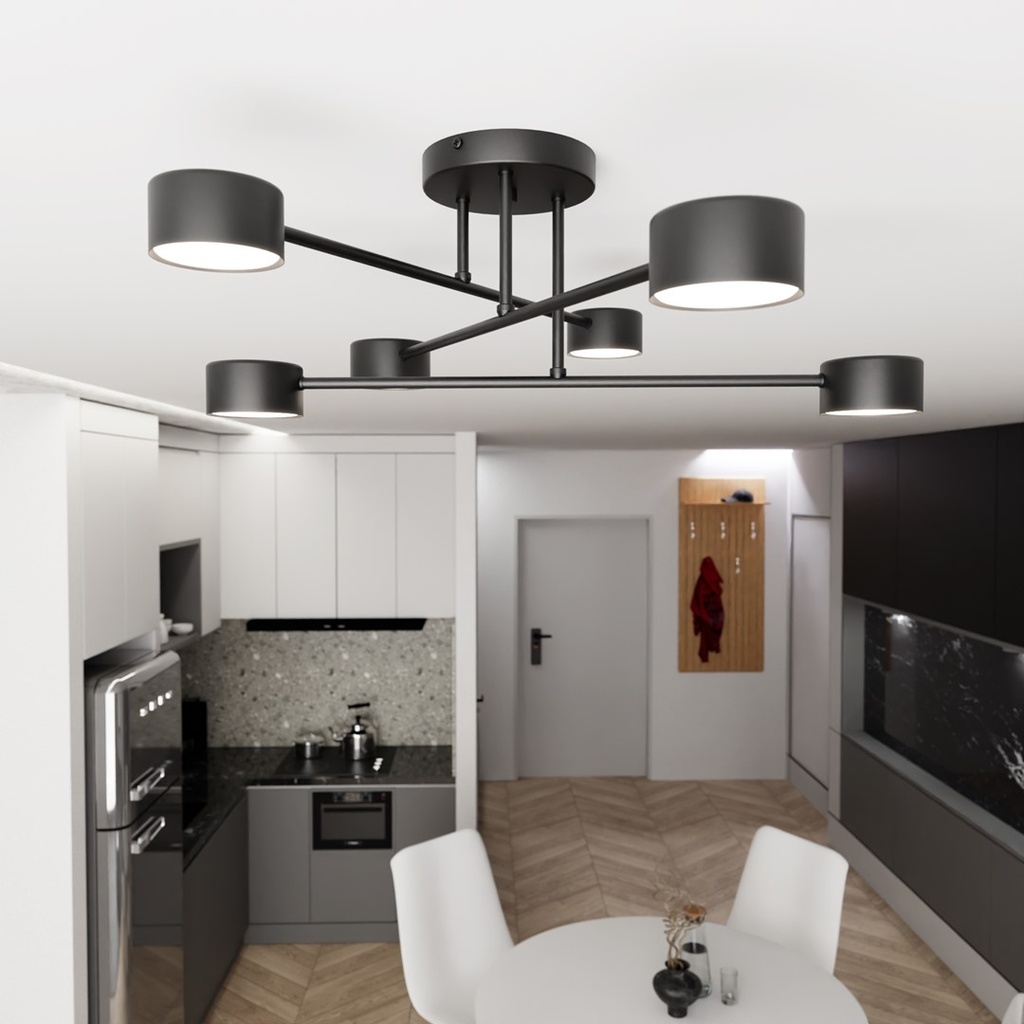 Black six-arm ceiling light above an open-plan kitchen
