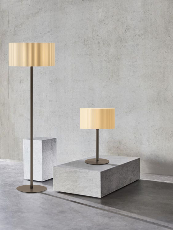 Floor lamp and table lamp with pleated shades