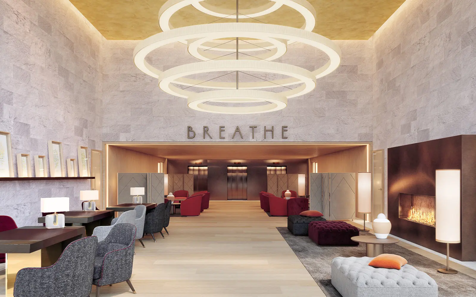 Suspended light rings in a hotel lobby