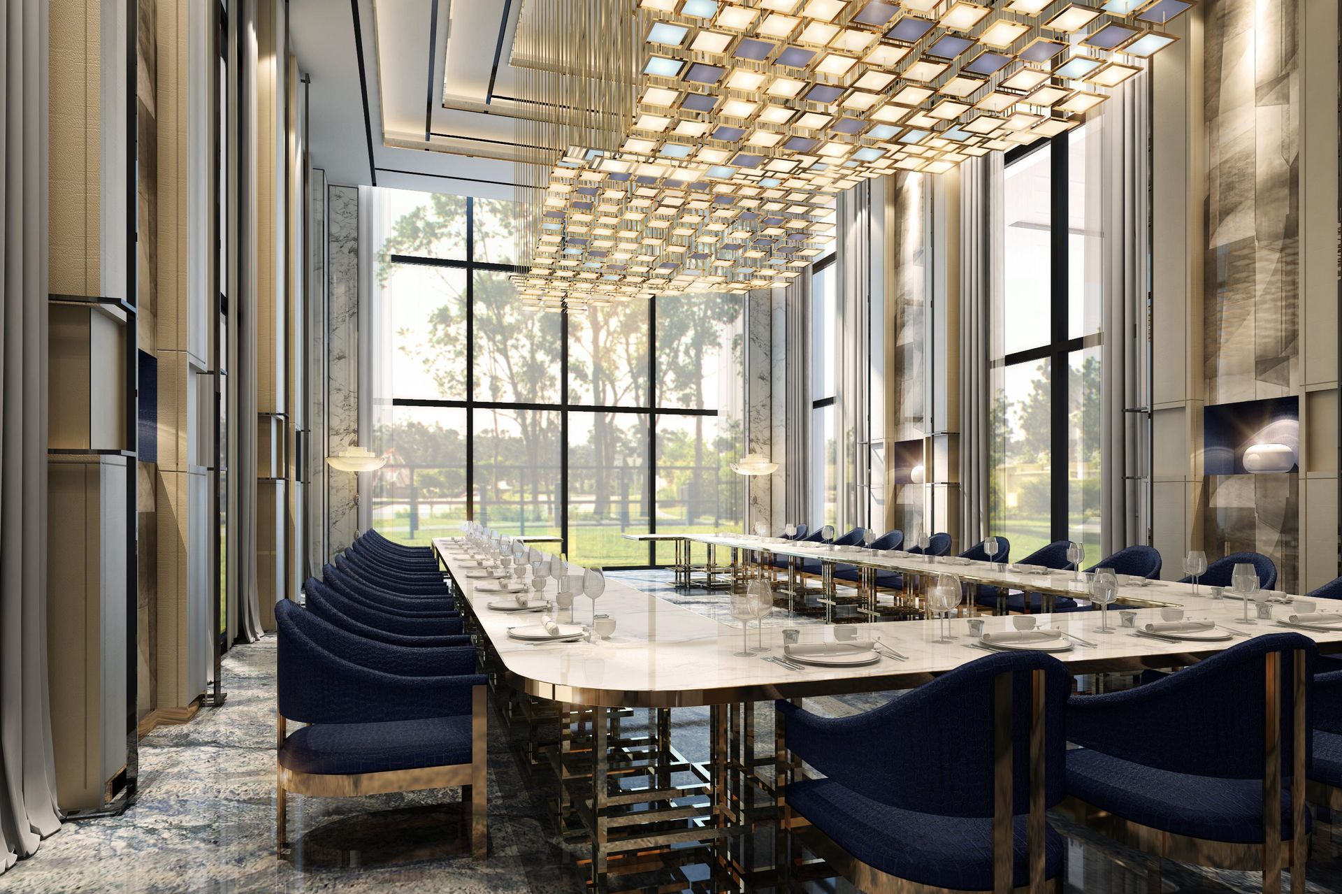 Lightinup Illuminazione Contract su Misura Bespoke golden grid chandelier above a formal dining room
