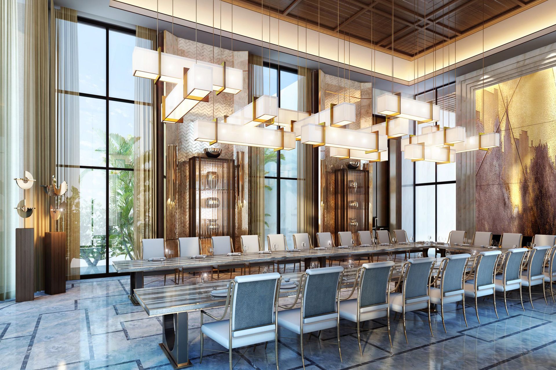 Lightinup Illuminazione Contract su Misura Bespoke cluster of rectangular pendant lights above a long dining table