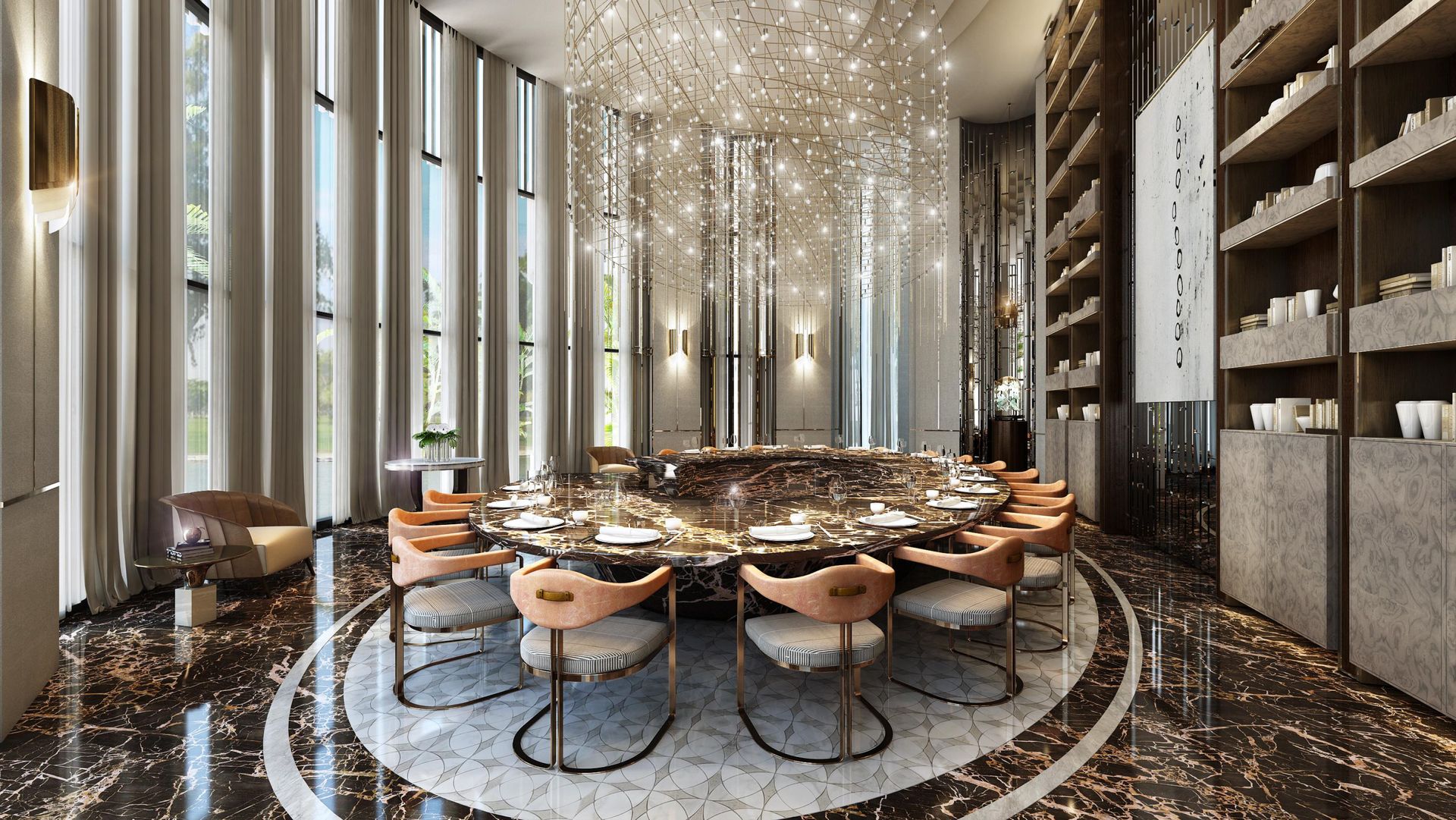 Lightinup Illuminazione Contract su Misura Bespoke canopy of suspended lights above a round marble table