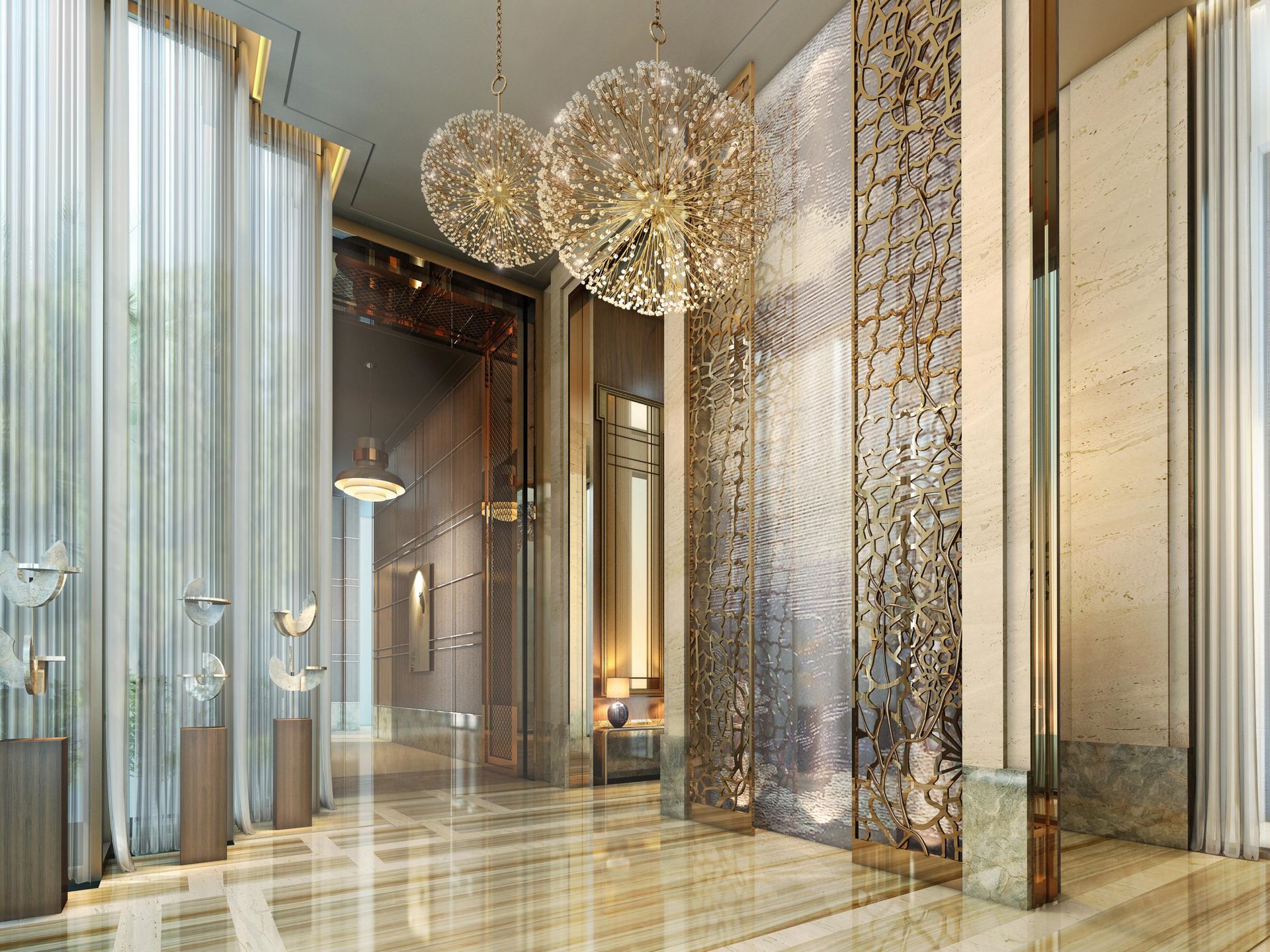 Lightinup Illuminazione Contract su Misura Two bespoke golden sphere chandeliers in an entrance lobby