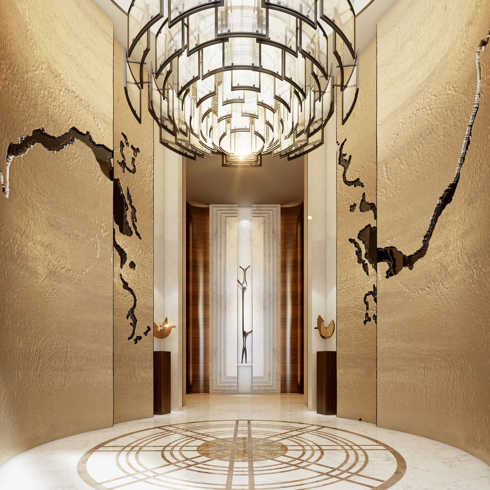 Lightinup Illuminazione Contract su Misura Bespoke tiered bronze and glass chandelier in a majlis hallway