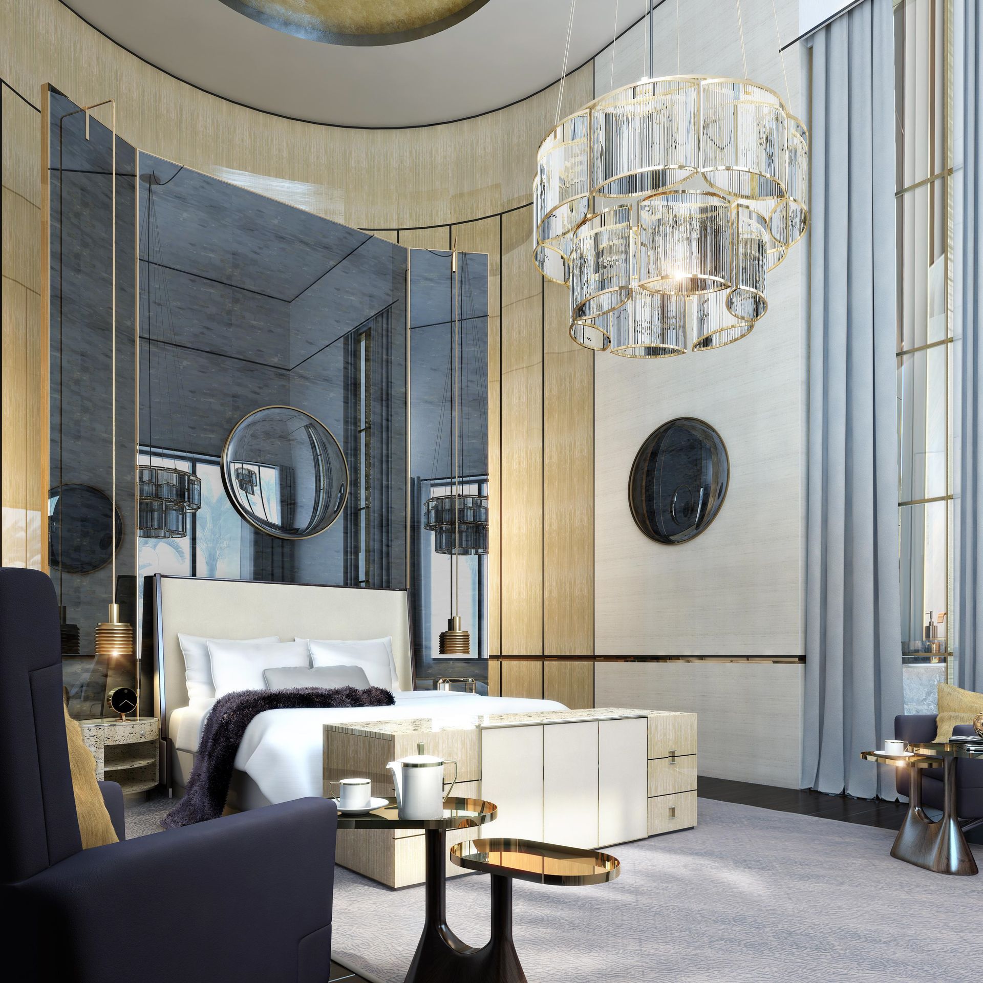 Lightinup Illuminazione ff&e su Misura Circular bespoke glass and brass chandelier in a guest bedroom