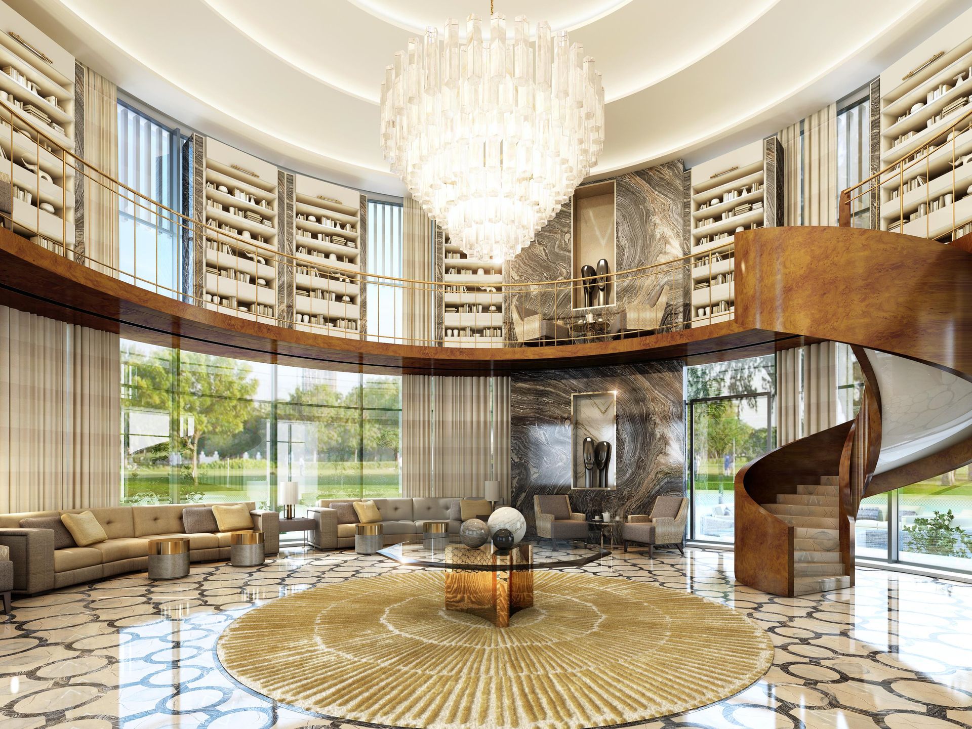 Lightinup Illuminazione ff&e su Misura Cascading bespoke crystal chandelier in a double-height library rotunda