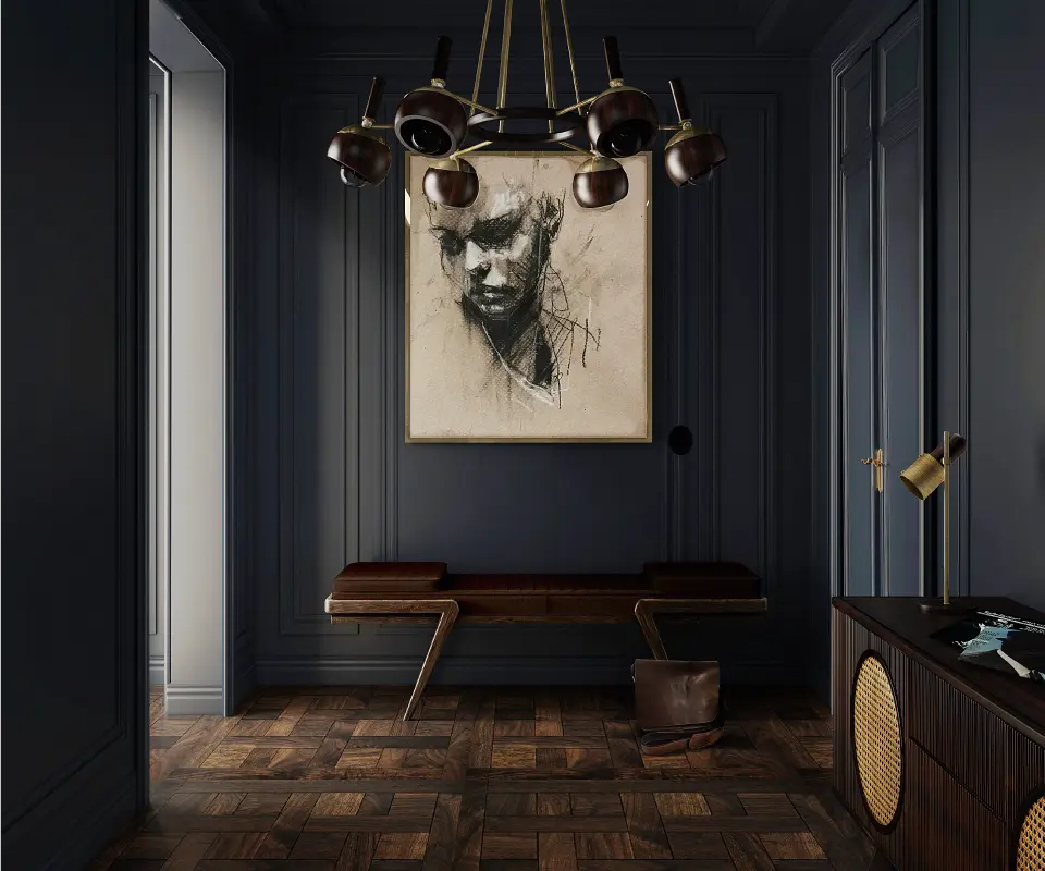 Essen suspension lamp in brass with dome shades in a midnight-blue hallway