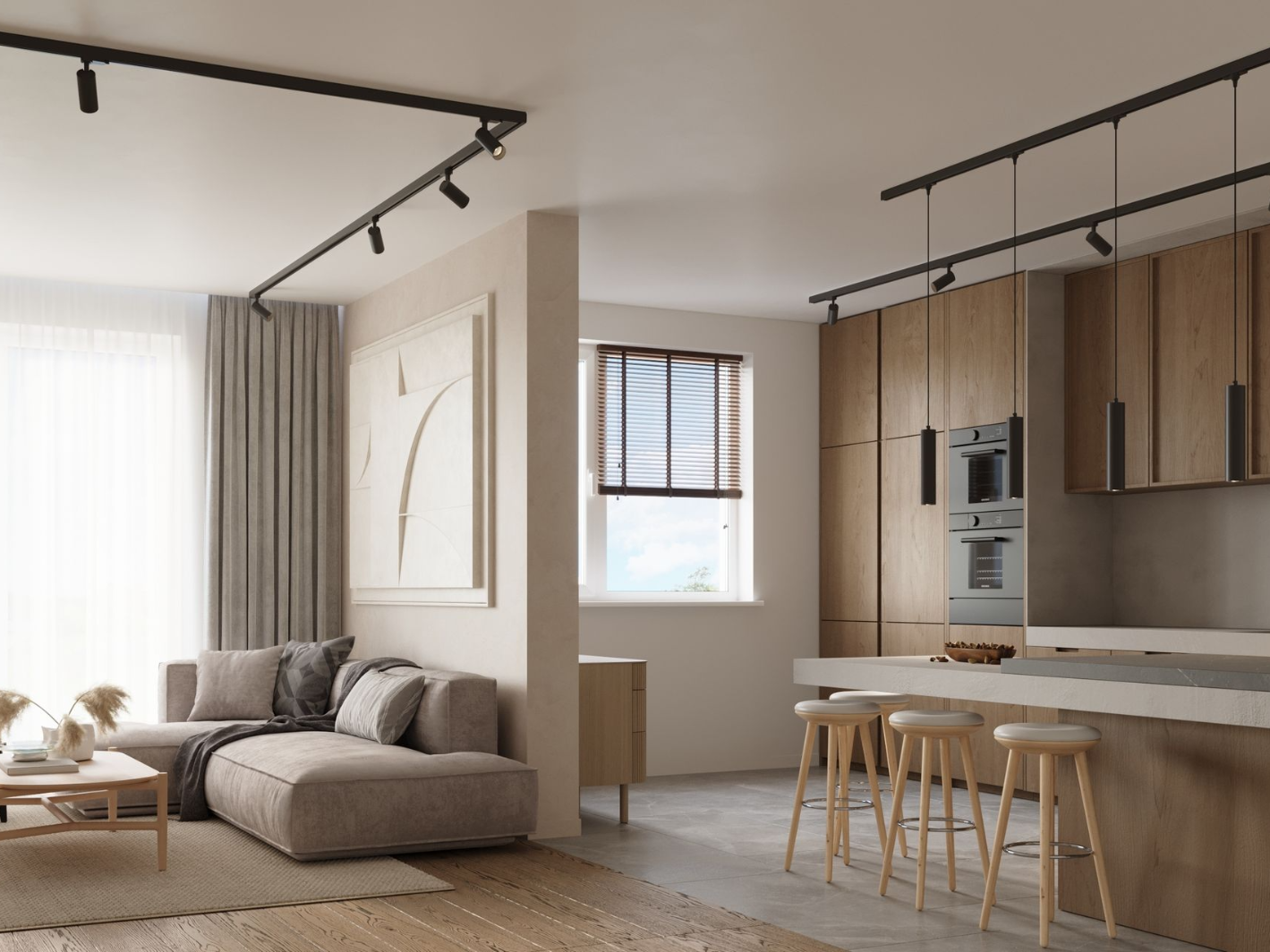 Black LED track with spotlights and pendants in an open-plan room