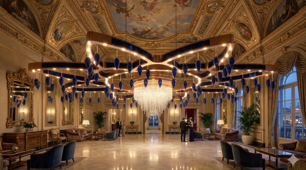 Render of the monumental chandelier in the frescoed hall: sinuous bronze-finish frame, blue blown-glass pendants and crystal cascades, 4000 mm across — Lumina Forge project LF-N2WWJRIQM Render of the monumental chandelier in the frescoed hall: sinuous bronze-finish frame, blue blown-glass pendants and crystal cascades, 4000 mm across — Lumina Forge project LF-N2WWJRIQM