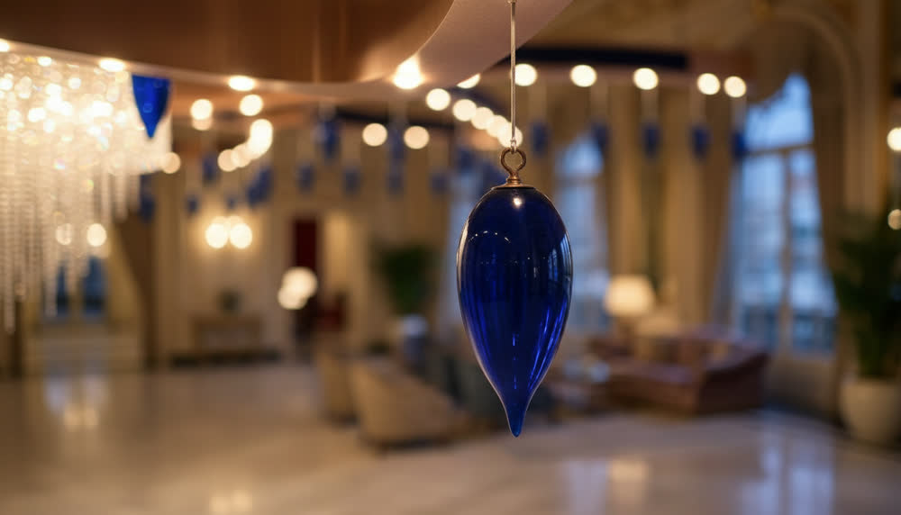 Close-up of the blue blown-glass pendant of the monumental chandelier, with its metal safety clamp Close-up of the blue blown-glass pendant of the monumental chandelier, with its metal safety clamp