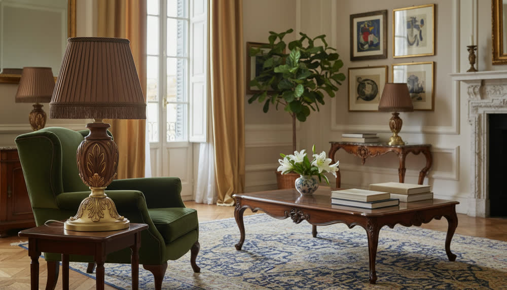 Table lamp with a carved walnut body in gold leaf and a pleated fringed shade, in a classic salon