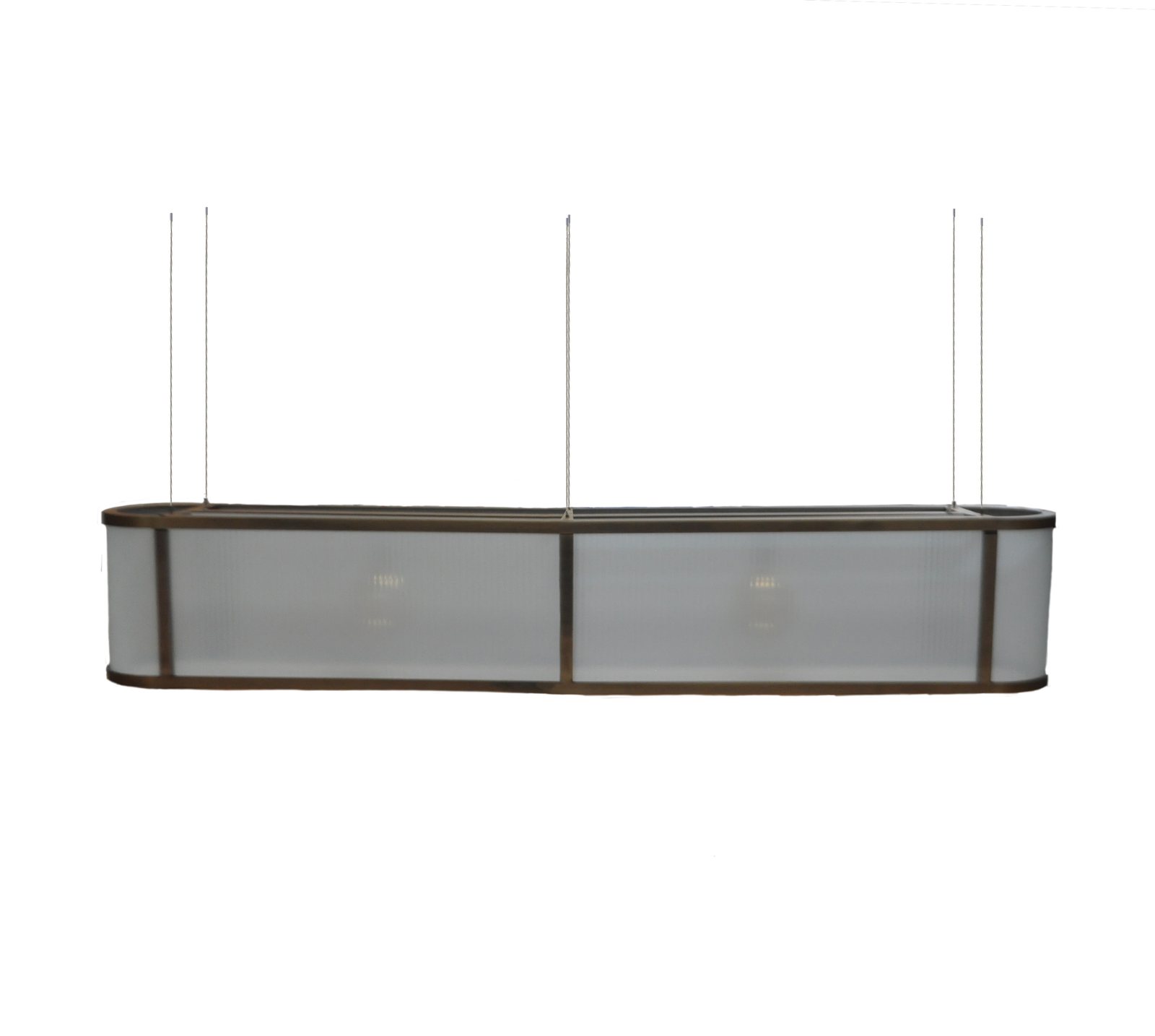 The Messeturm oval fitting: brass frame and fluted glass panels, hung on three cables