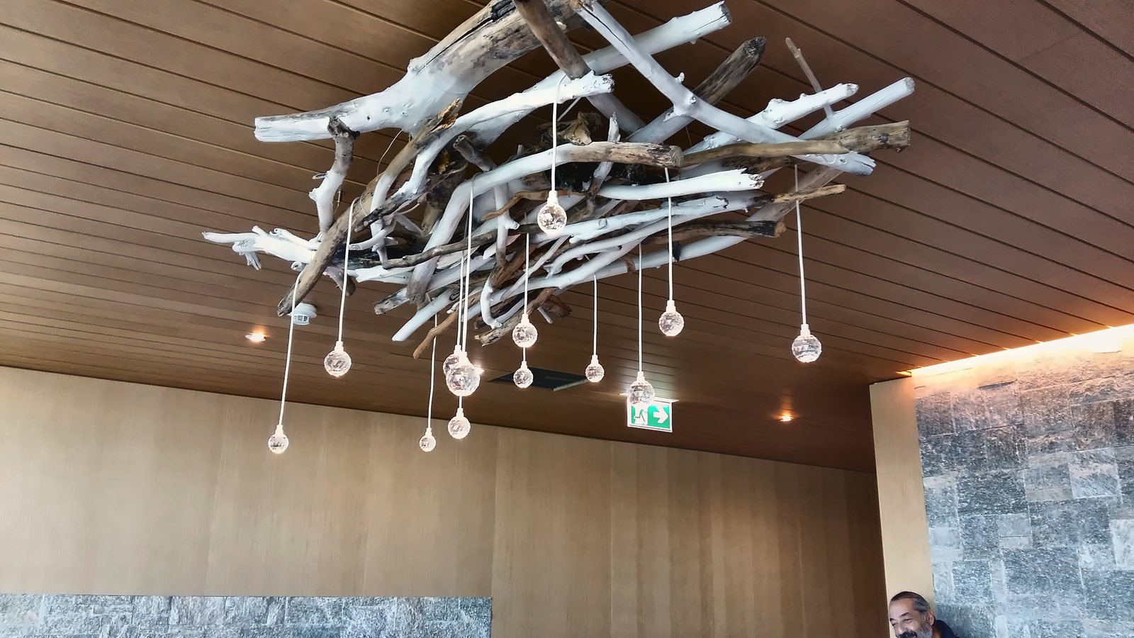 The drop cluster seen from below: white branches and glass drops hanging at different heights