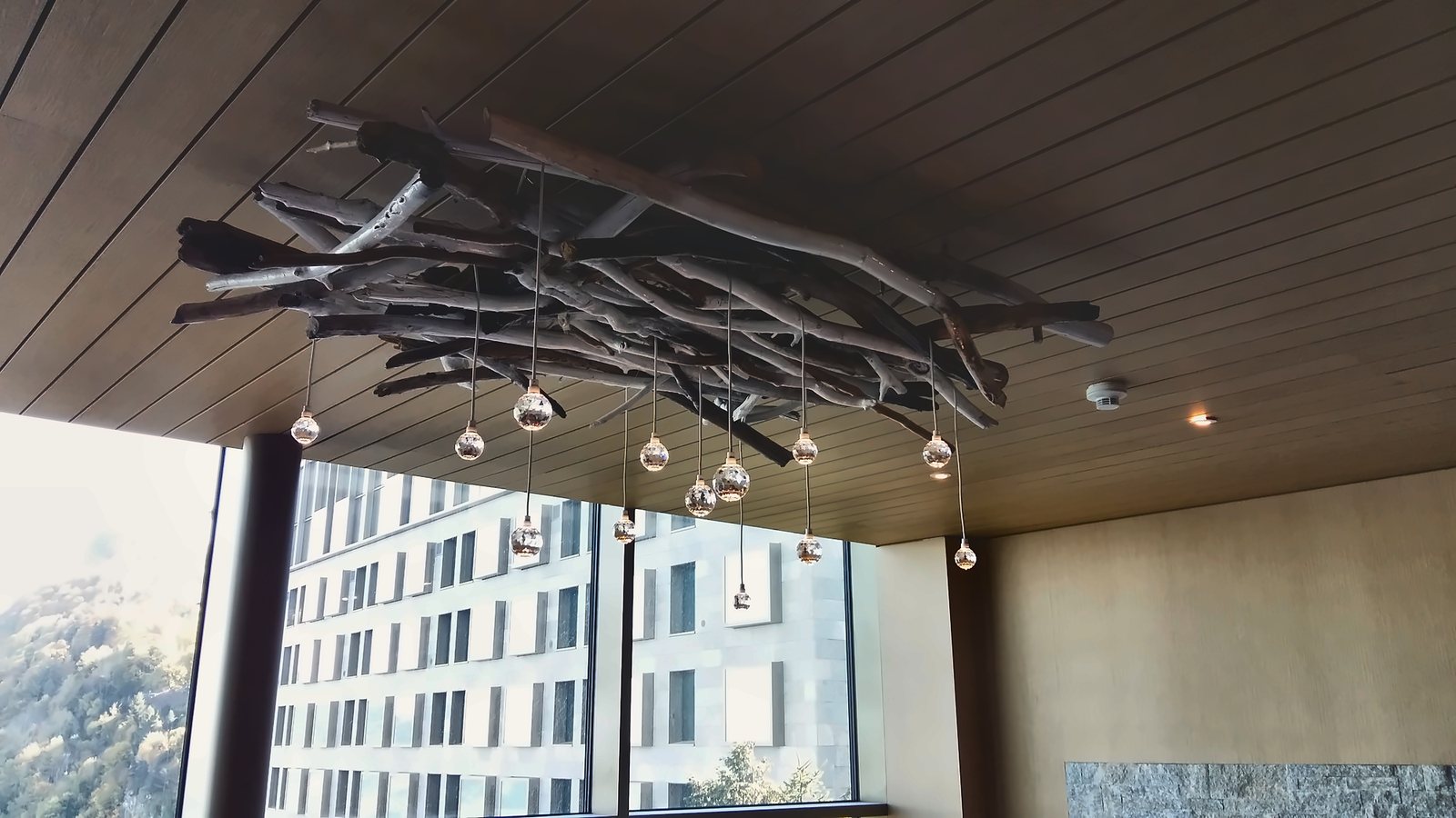The drop cluster in front of the glazing, the drops picking up the daylight