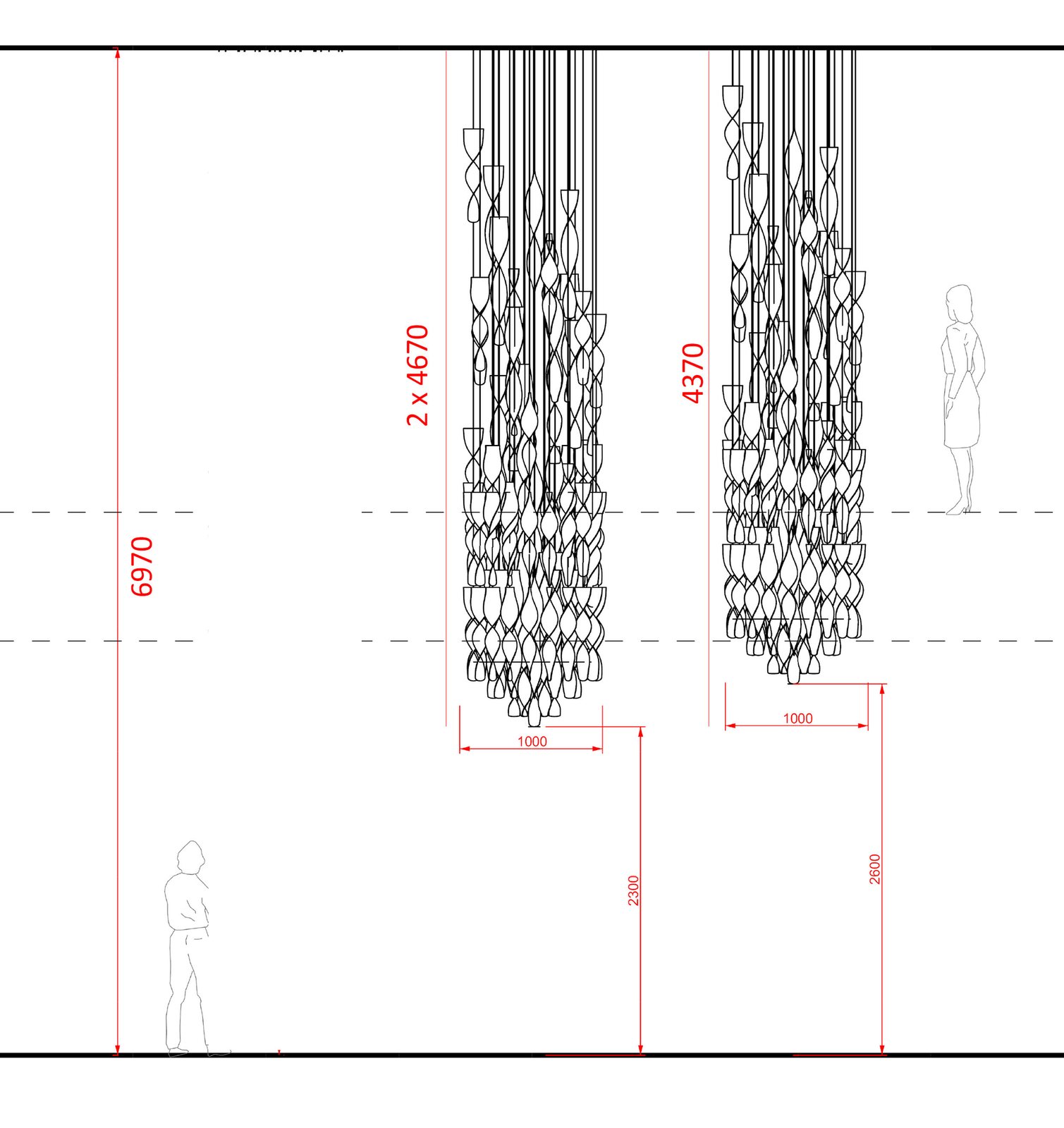 Le plan d'exécution des cascades : 4670 et 4370 millimètres de hauteur, mille de diamètre, avec la silhouette humaine pour l'échelle