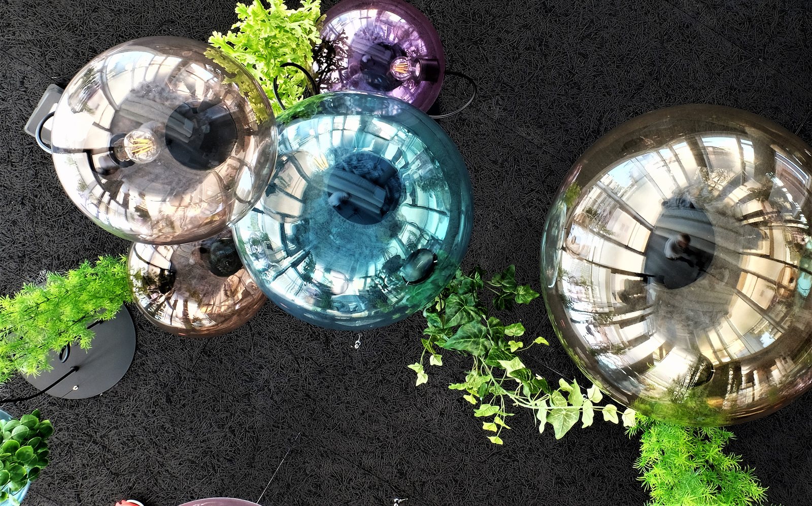 The mirrored spheres seen from above: chrome, gold and turquoise among the greenery