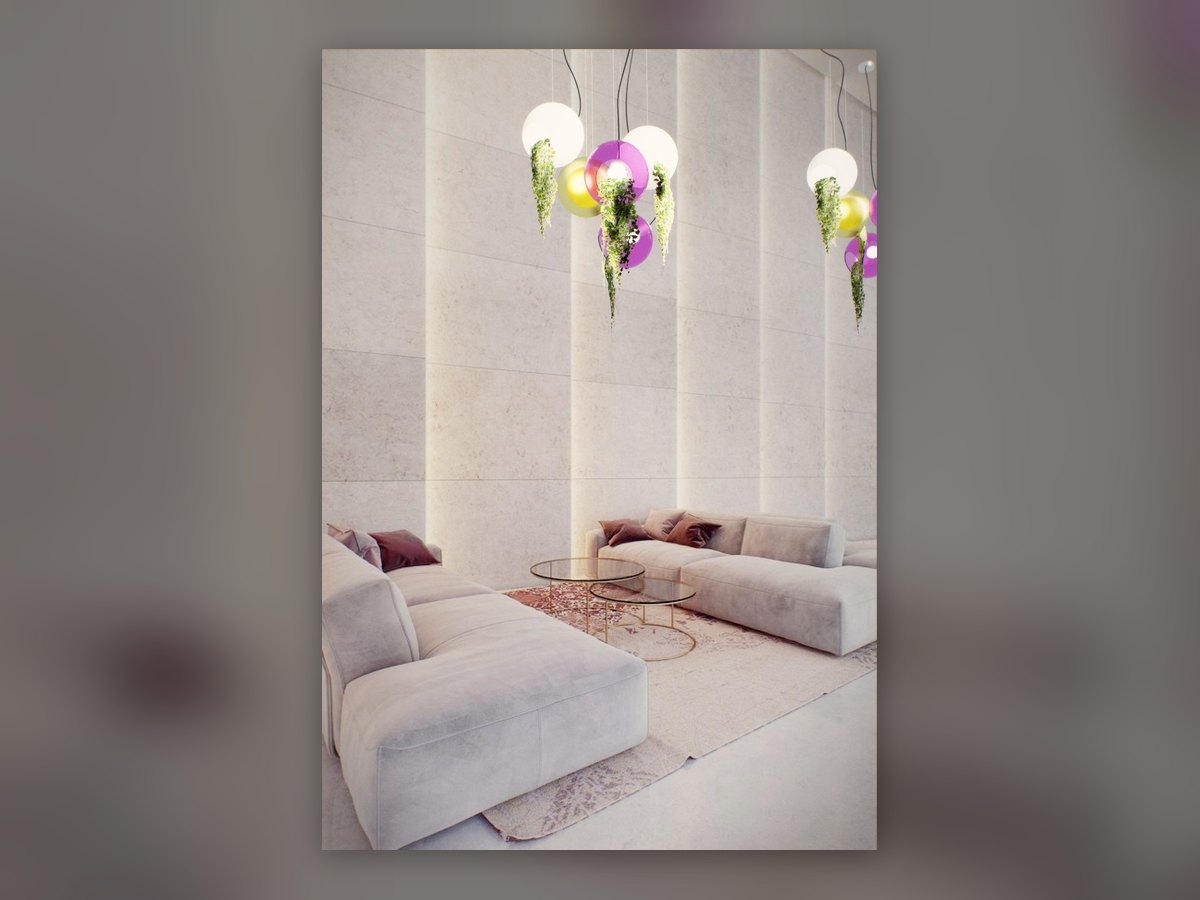 Ambient rendering: the sphere cluster above the sofas of the white lounge