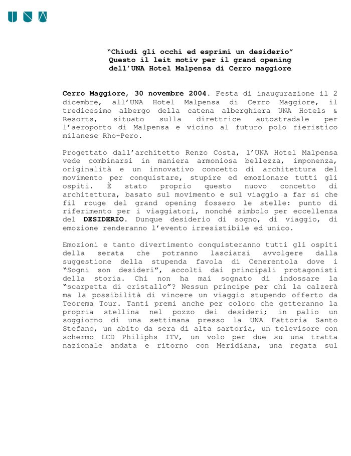 Erste Seite der Pressemitteilung von UNA Hotels & Resorts vom 30. November 2004