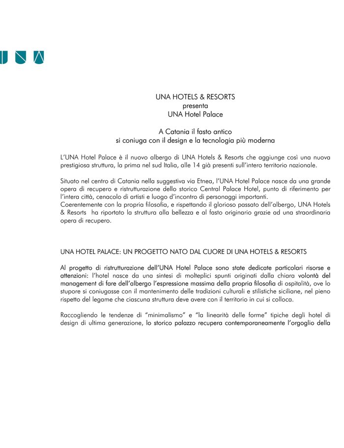 Erste Seite der Präsentation des UNA Hotel Palace in Catania
