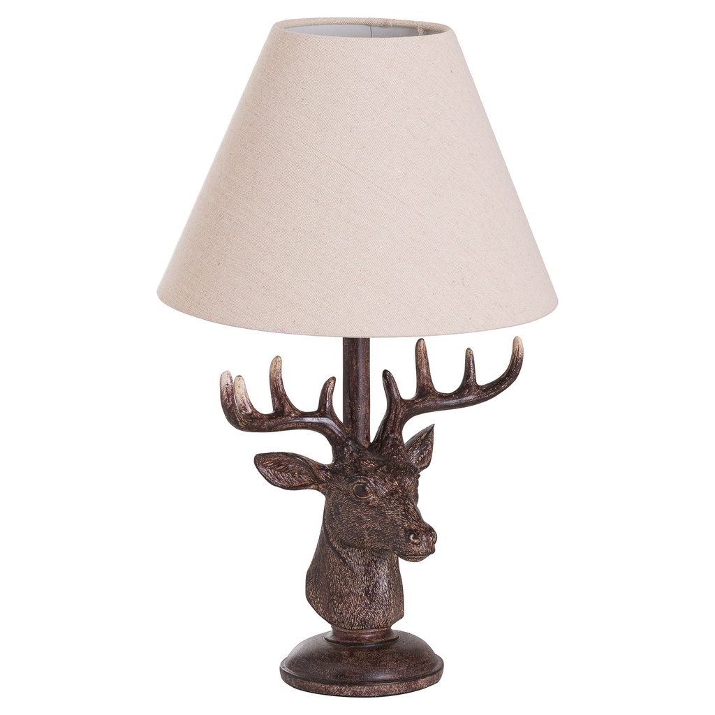 [20694] Stag Head Table Lamp With Linen Shade