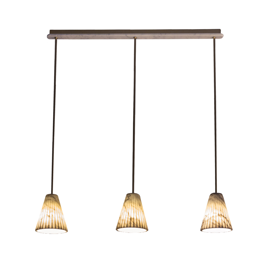 OR28 Suspension Lamp with Three Carrara Marble Lampshades Entirely Handmade in Italy
