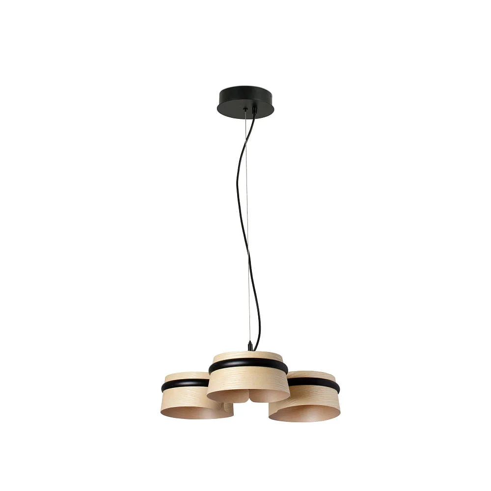 FARO BARCELONA Suspension LOOP 3 flammes LED IP20, noir mat, bois de frêne
