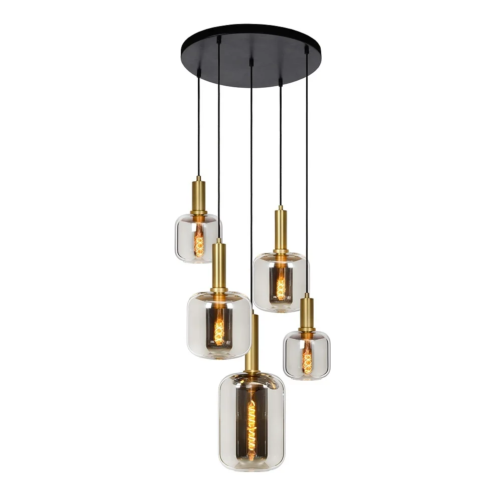 Lucide Pendelleuchte JOANET 5flammig, rund E27 IP20, gold matt, Messing, Rauchfarbe