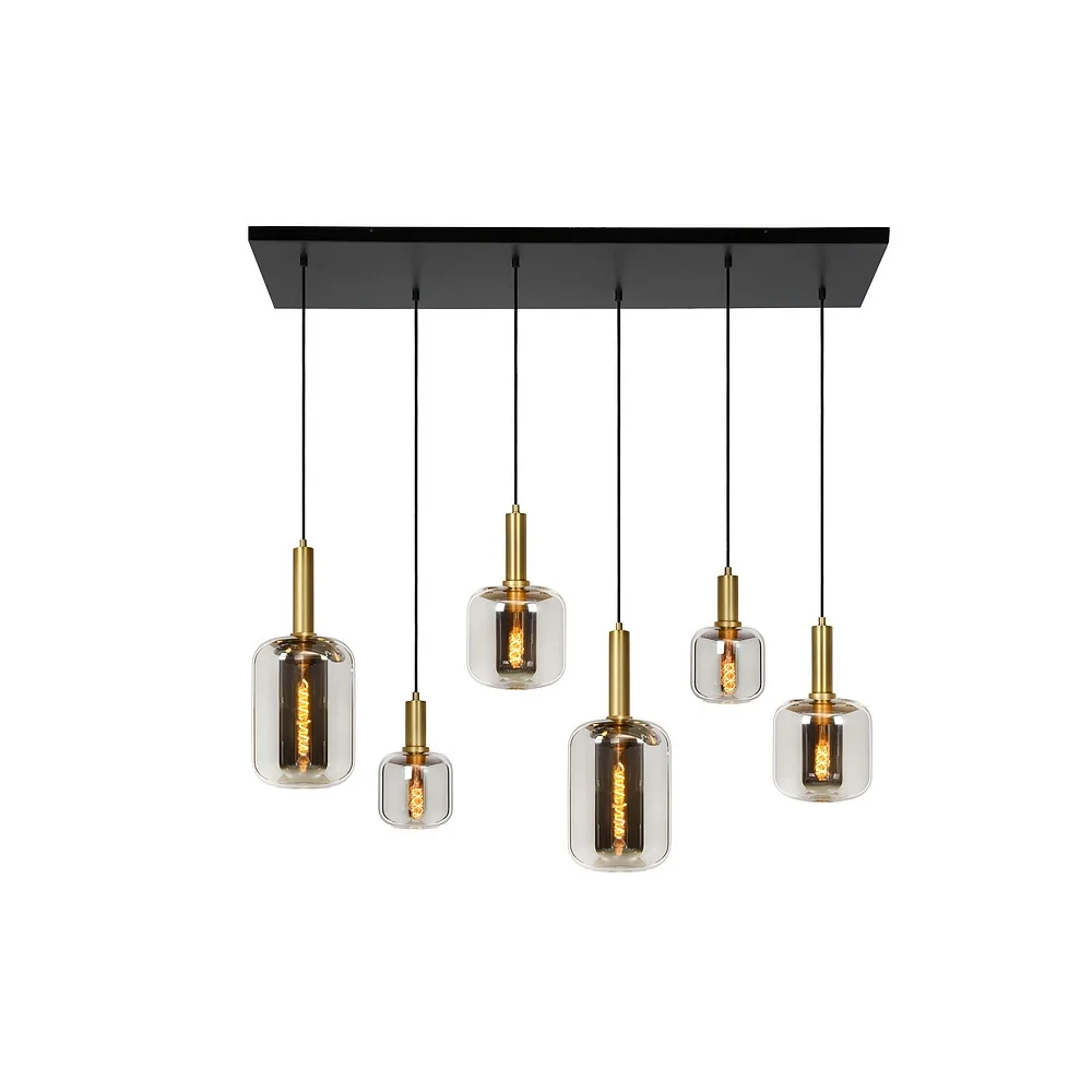 Lucide Pendant luminaire JOANET 6 flames, square E27 IP20, gold matt, brass, smoky colour