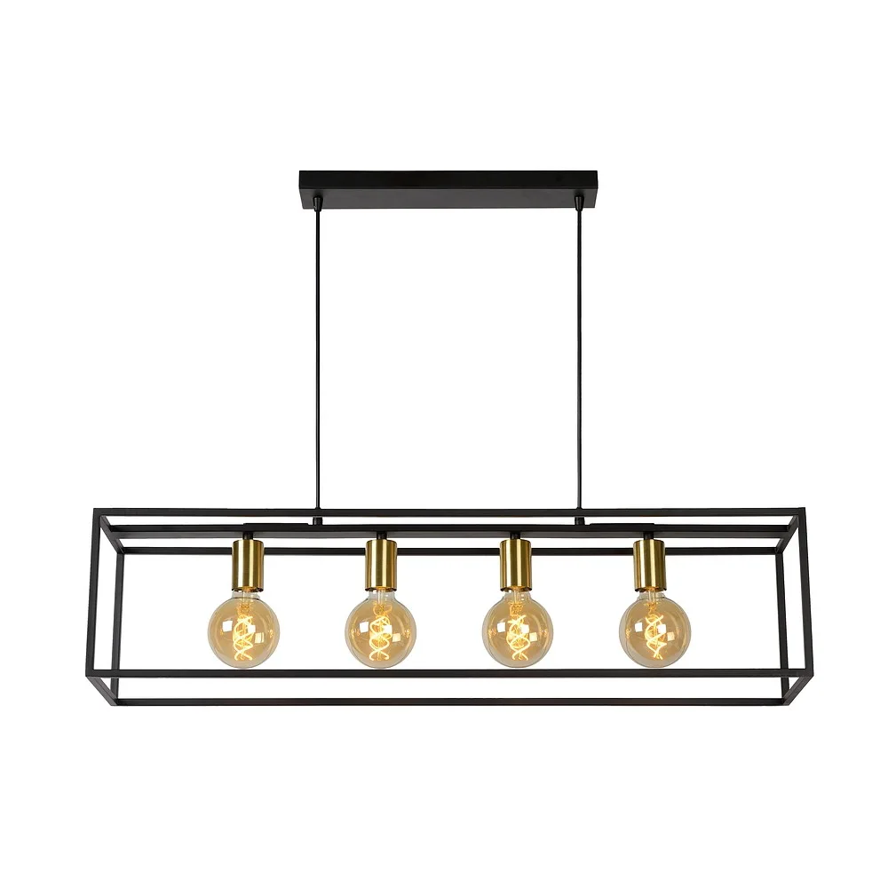 Lucide Pendelleuchte RUBEN 4 flammig, quadratisch E27 IP20, gold matt, Messing, schwarz dimmbar
