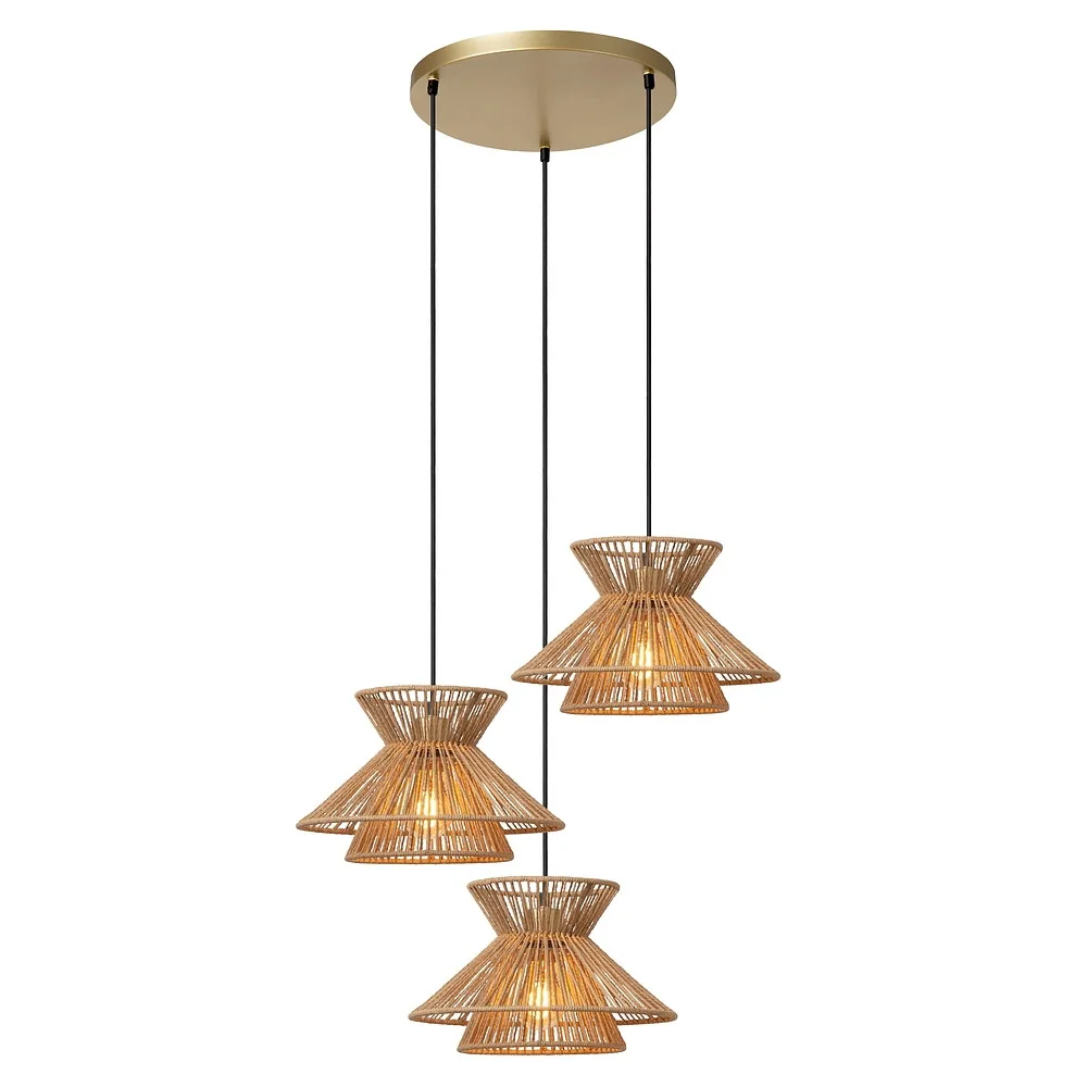Lucide Pendelleuchte TASMAN 3 flammig, rund E27 IP20, gold matt, Holz, Messing