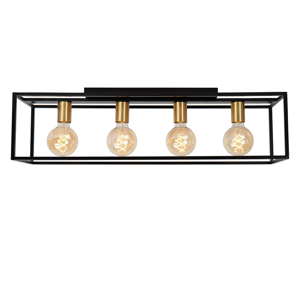Lucide Deckenleuchte RUBEN 4-flammig, quadratisch E27 IP20, gold matt, Messing, schwarz dimmbar, L∕ W∕ H: 80∕ 20∕ 22,5 cm, Schirm-L∕ W∕ H: 80∕ 20∕ 20 cm, Baldachin-L∕ W∕ H: 40∕ 10∕ 2,5 cm