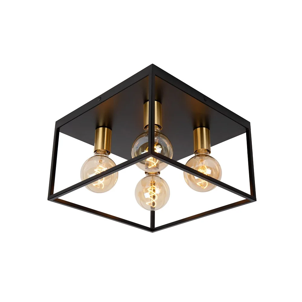 Lucide Deckenleuchte RUBEN 4-flammig, quadratisch E27 IP20, gold matt, Messing, schwarz dimmbar, L∕ W∕ H: 36∕ 36∕ 22,5 cm, Schirm-L∕ W∕ H: 36∕ 36∕ 20 cm, Baldachin-L∕ W∕ H: 36∕ 36∕ 2,5 cm
