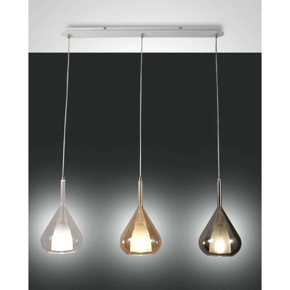 Fabas Luce Pendant luminaire LILA, E27, 3x 40W, IP20, transparent, amber, gray transparent, L∕ H: 103∕ 200 cm, Ø∕ H: 20∕ 35 cm