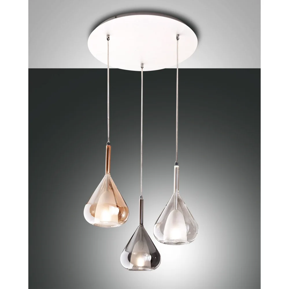 Fabas Luce Suspension LILA, E27, 3x 40W, IP20, transparent, ambre, gris transparent, Ø∕ H: 50∕ 200 cm, Ø∕ H: 20∕ 35 cm