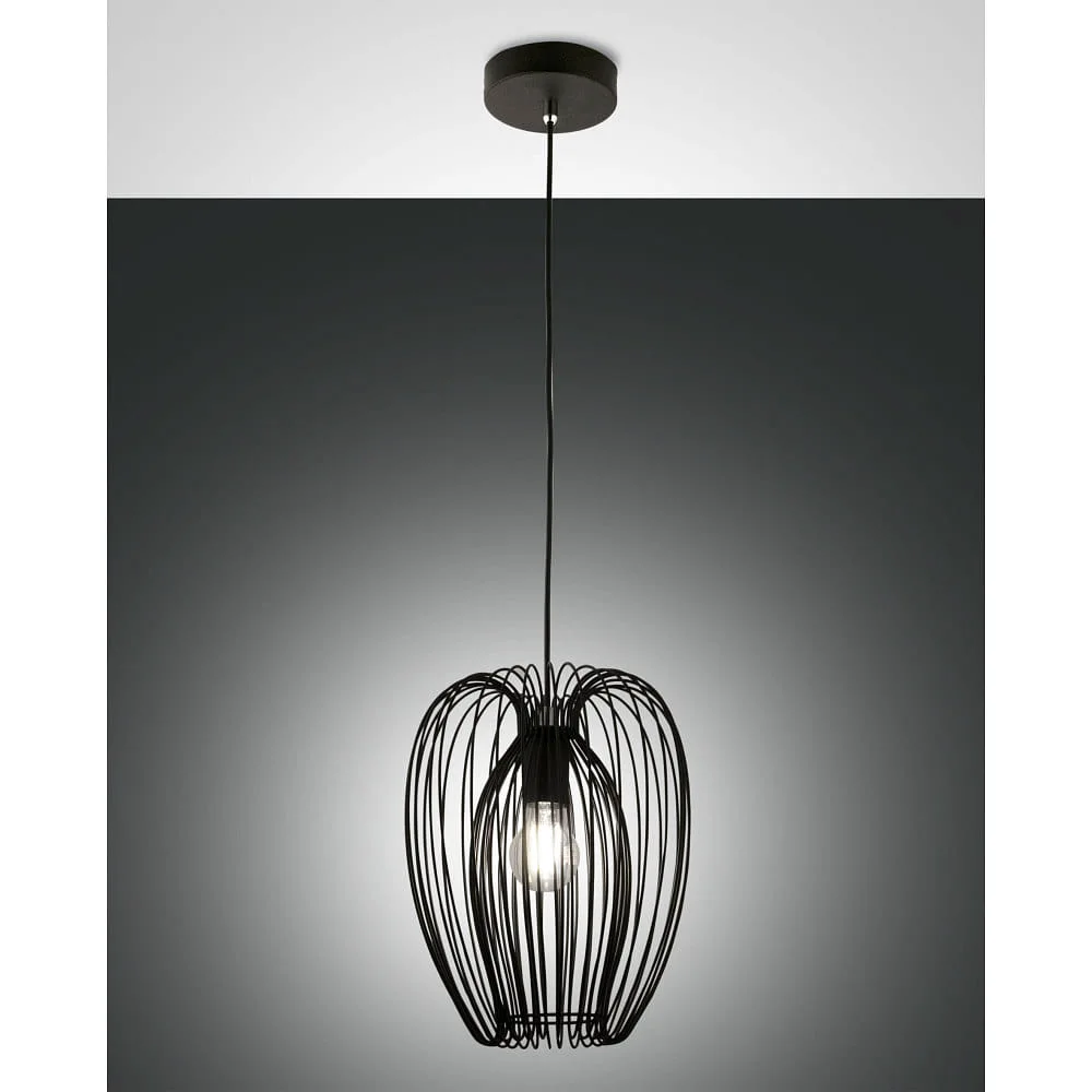 LaMiaLuce Suspension CAMP 1 lumière E27 IP20, Ø: 25 cm, H max: 200 cm, Ø rosace: 13 cm, H panier en fil métallique: 31 cm – noir