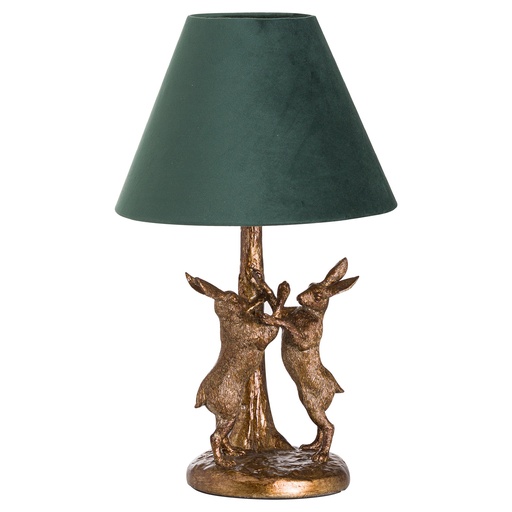 [20695] Antique Gold Marching Hares Lamp With Green Velvet Shade
