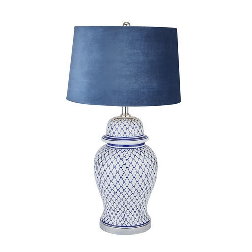 [22067] Malabar Blue And White Ceramic Lamp With Blue Velvet Shade