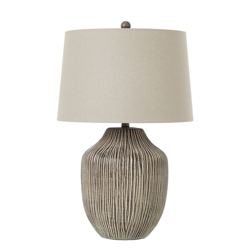 [23728] Ochre Carved Textured Table Lamp With Linen Shade