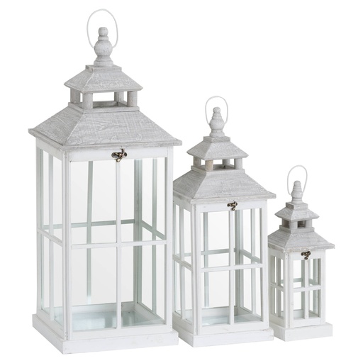 [19494] Set Of 3 White Window Style Lanterns With Open Top