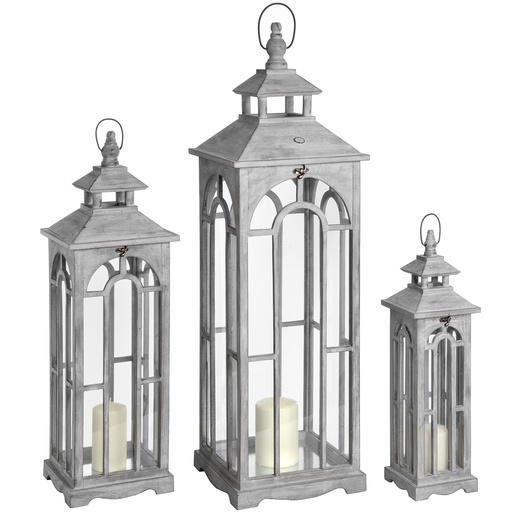 [17461] Set Of Three Wooden Lanterns With Archway Design