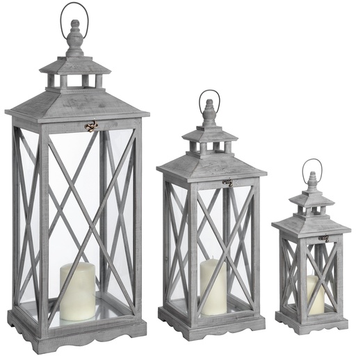 [17459] Set Of Three Wooden Lanterns With Traditional Cross Section