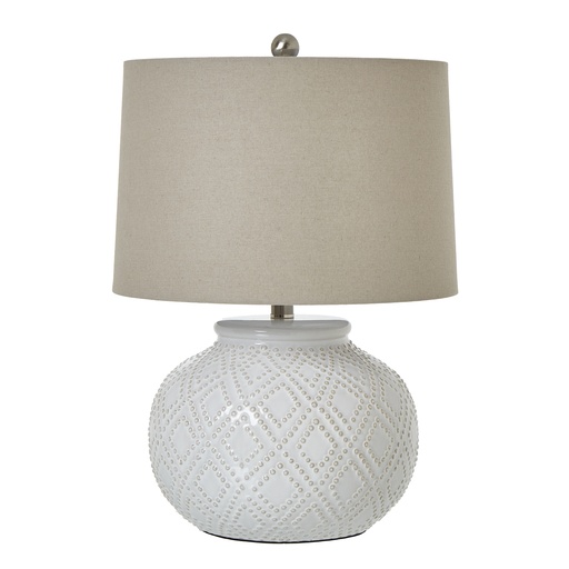 [23731] Squat White Beaded Ceramic Lamp With Linen Shade