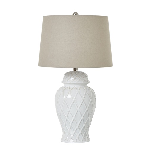 [23729] White Ceramic Ginger Jar Lamp With Linen Shade