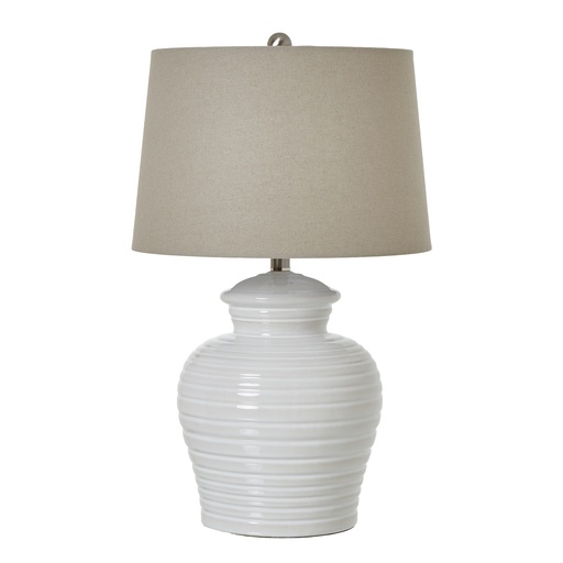 [23730] White Ceramic Pot Lamp With Linen Shade