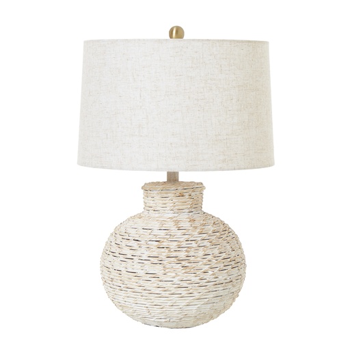 [23726] White Wash Bulbous Wicker Table Lamp With Linen Shade