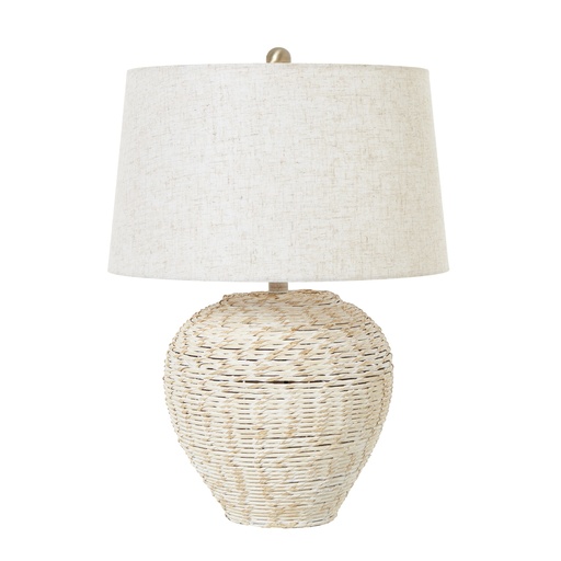 [23724] White Wash Wicker Table Lamp With Linen Shade